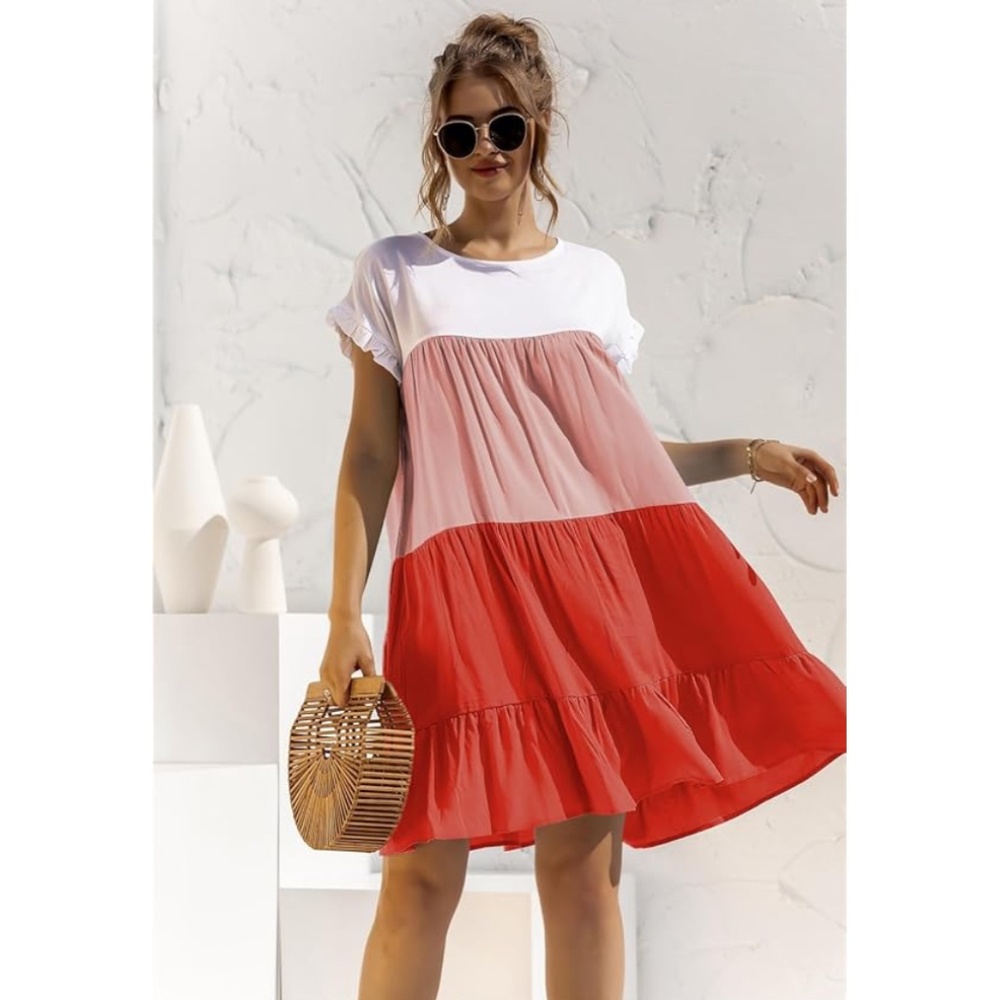 TRENDSI | Color Block Round Neck Ruffle Hem Dress - Picture 2 of 9